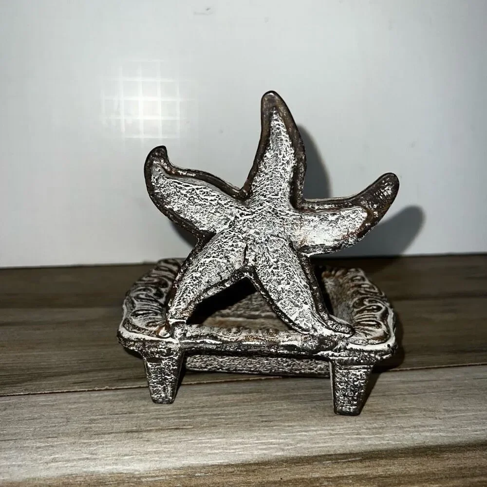 Cast Iron Soap Dish Antiqued White Star Fish Natical Decor Bathroom Kitchen Sink